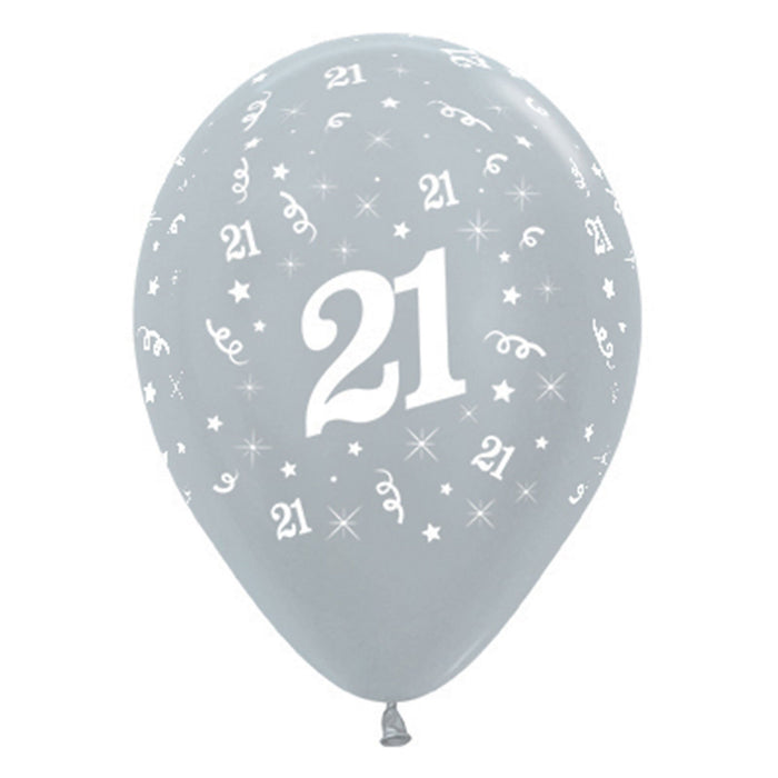 Sempertex Age 21 Satin Pearl Silver Latex Balloons 30cm 6pk