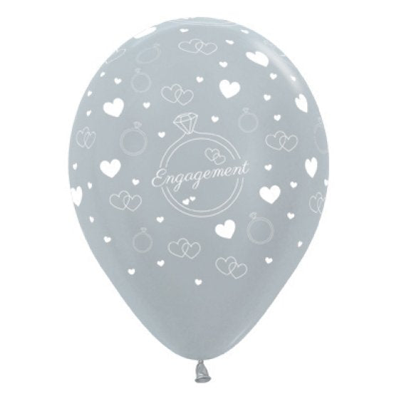 Sempertex Engagement Diamond Rings & Hearts Satin Pearl Silver Latex Balloons 30cm 6pk