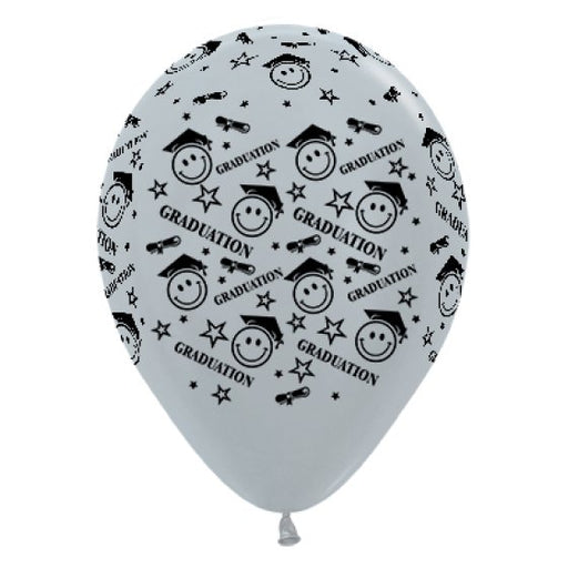 Sempertex Graduation Smiley Faces Satin Pearl Silver Latex Balloons 30cm 6pk