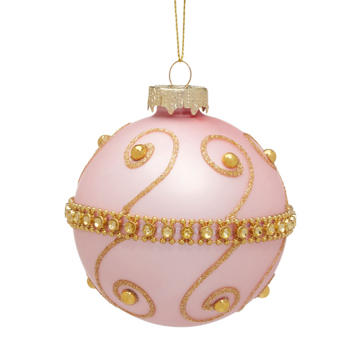 Ronis Bauble Pink Glass with Gold Jewels & Swirl 8cm