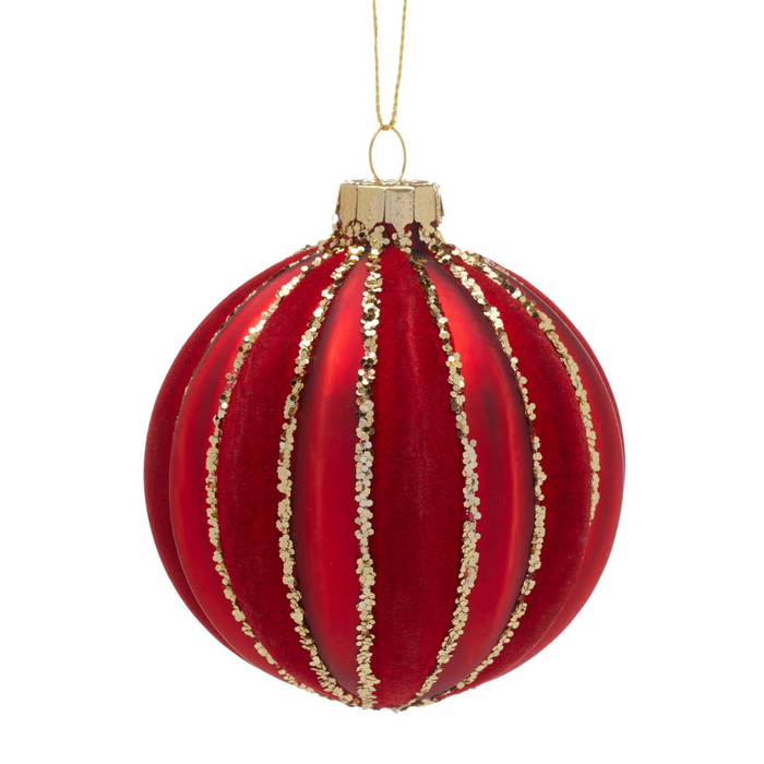 Ronis Bauble Rich Red Glass with Glitter Stripe 8cm