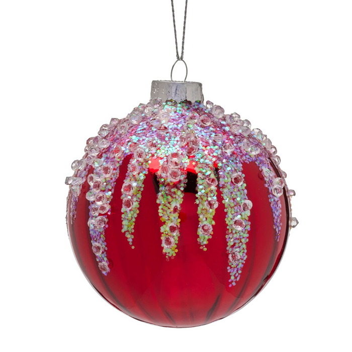 Ronis Bauble Rich Red Glass with Sequin Frosting 8cm