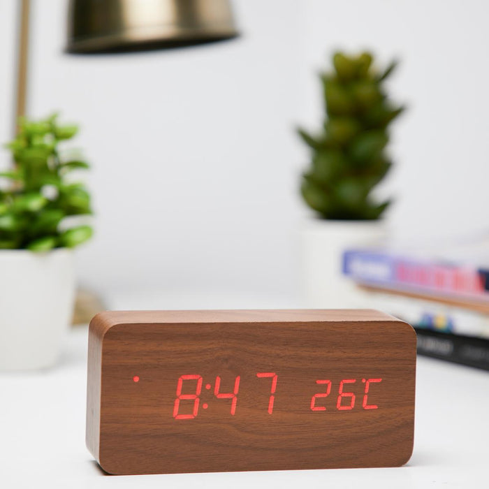 Ronis Checkmate Spruce LED Wood Cuboid Alarm Clock 15x6.8x3.9cm Dark Brown