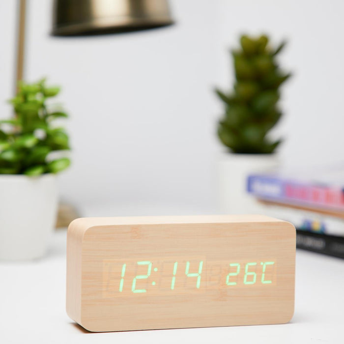 Ronis Checkmate Spruce LED Wood Cuboid Alarm Clock 15x6.8x3.9cm Light Brown