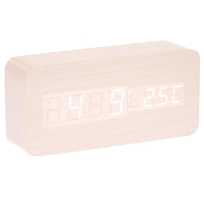 Ronis Checkmate Spruce LED Wood Cuboid Alarm Clock 15x6.8x3.9cm White