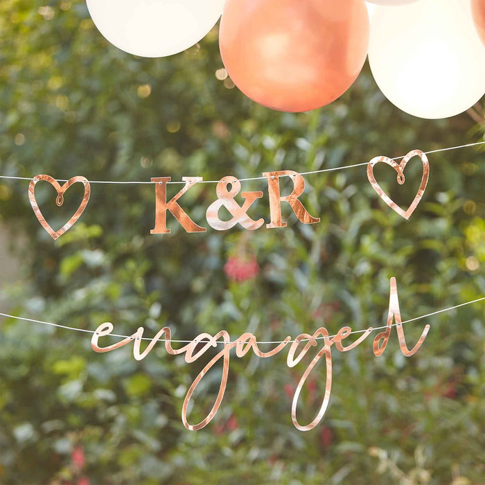 Engaged Bunting with Customisable Initials & Hearts Rose Gold FSC 27pk