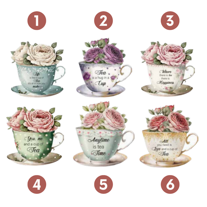 Ronis Floral Tea Cup Wooden Table Deco Signs 12.9x17x2.5cm 6 Asstd