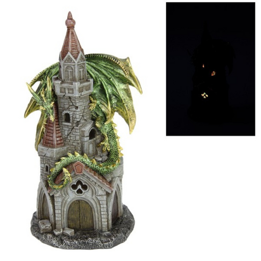 Ronis Green Dragon on Castle with Lights 28cm