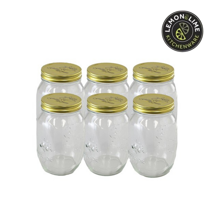 Lemon and Lime Roma Glass Conserve Jars Tray Gold Lids 10x10x17cm 1L 6pk