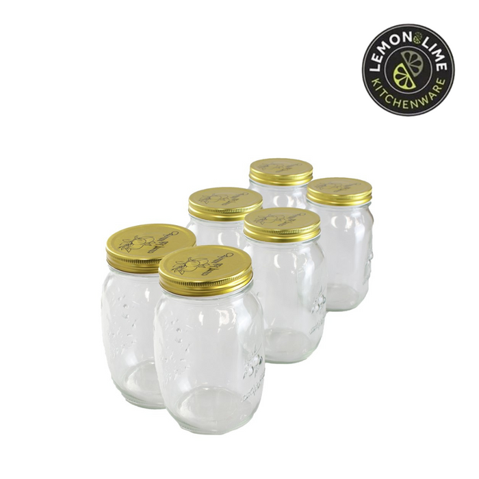 Lemon and Lime Roma Glass Conserve Jars Tray Gold Lids 10x10x17cm 1L 6pk