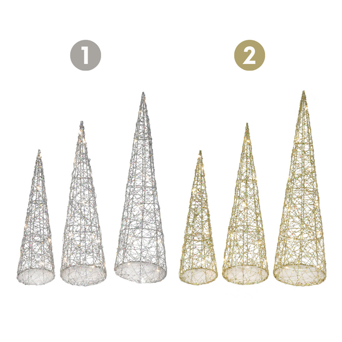 Ronis Light Up Glitter Wire Cone Tree 3Pc Set 2 Asstd