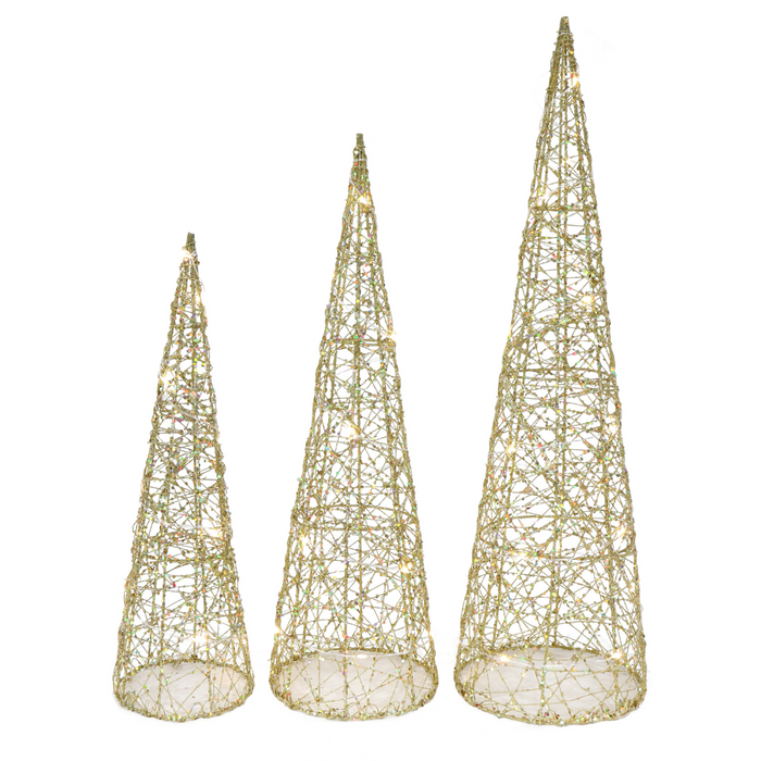 Ronis Light Up Glitter Wire Cone Tree 3Pc Set 2 Asstd