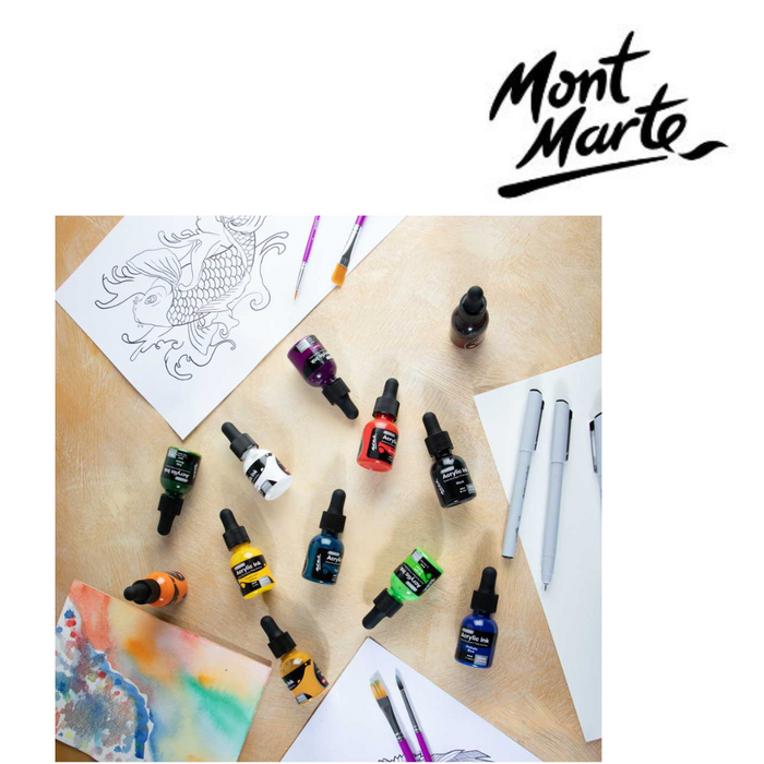 Mont Marte Acrylic Ink Premium 12pc x 20ml (0.7 US fl.oz), Acrylic Inks for  Artists, Essential Colors, Ideal for Air Brush, Pouring Art, Scrapbooking