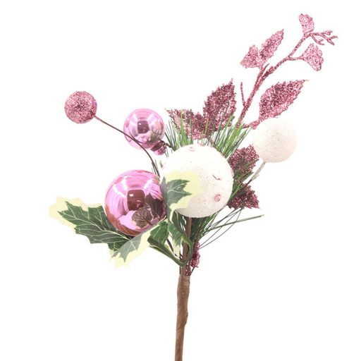 Ronis Pink Holly Pick With Baubles 25cm