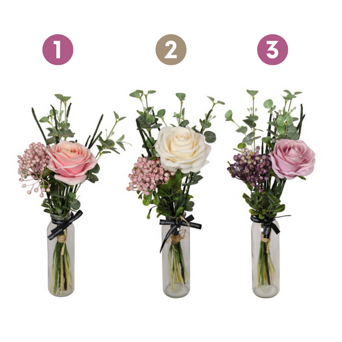 Ronis Rose Flowers in Glass Vase 38cm 3 Asstd