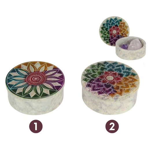 Ronis Round Mandala Soapstone Trinket Box 8cm 2 Asstd