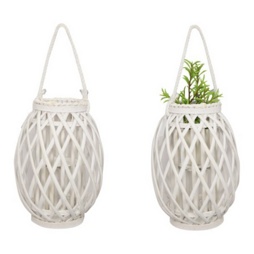 Ronis Wicker Plant Holder with Glass Holder 32cm White