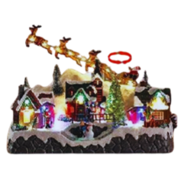 Santa On Sleigh With Christmas Led Village W/ Moving Function