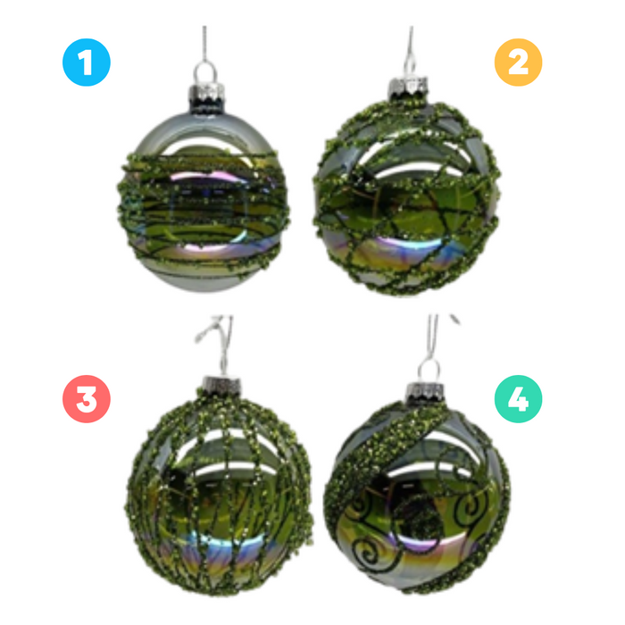 Green Glass Combination Baubles 4 Assorted