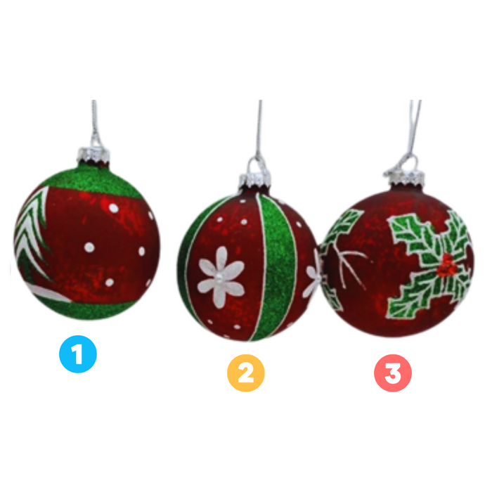 Hand-Painted Red and Green Glitter Glass Bauble 3 Assorted 8cm