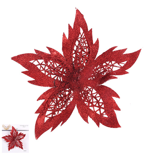 Red Glitter Poinsettia W/Clip 26cm