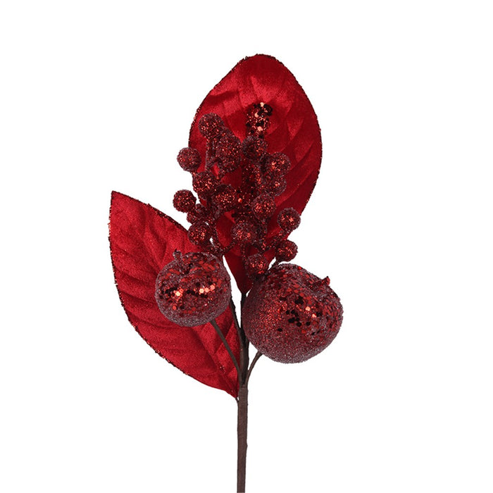 Red Velour Leaf & Apple Stem 35cm