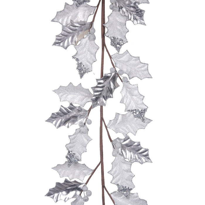 White & Platinum Holly Leaf Garland 120Cm