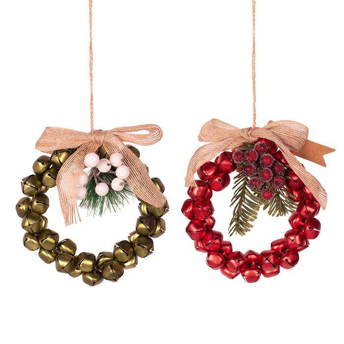 Red and Sage Bell Wreath Decoration 14cm