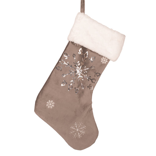 Grey Velour Christmas Stocking with Silver Sequin and White Velour Cuff