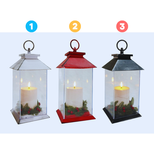 LED Pillar Candle Lantern w/Berry Deco Asstd