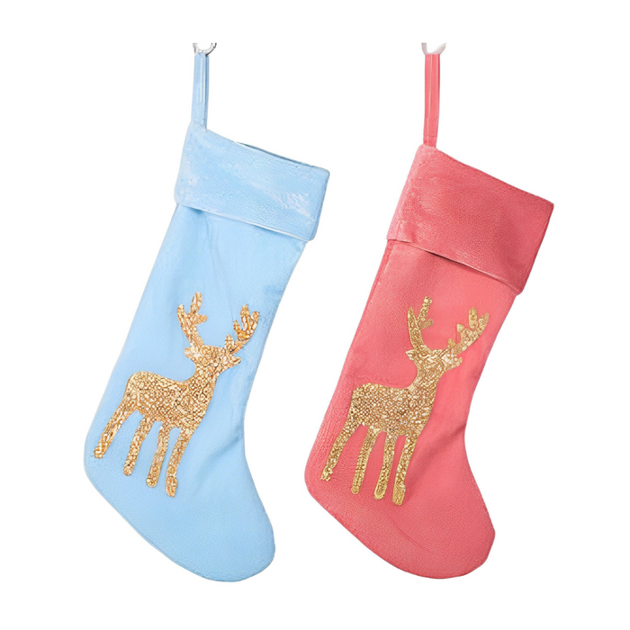 Blush Pink & Blue Stocking W/champagne Glitter Reindeer 2 Asstd