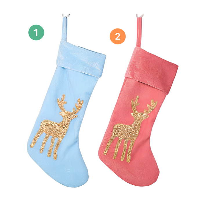 Blush Pink & Blue Stocking W/champagne Glitter Reindeer 2 Asstd