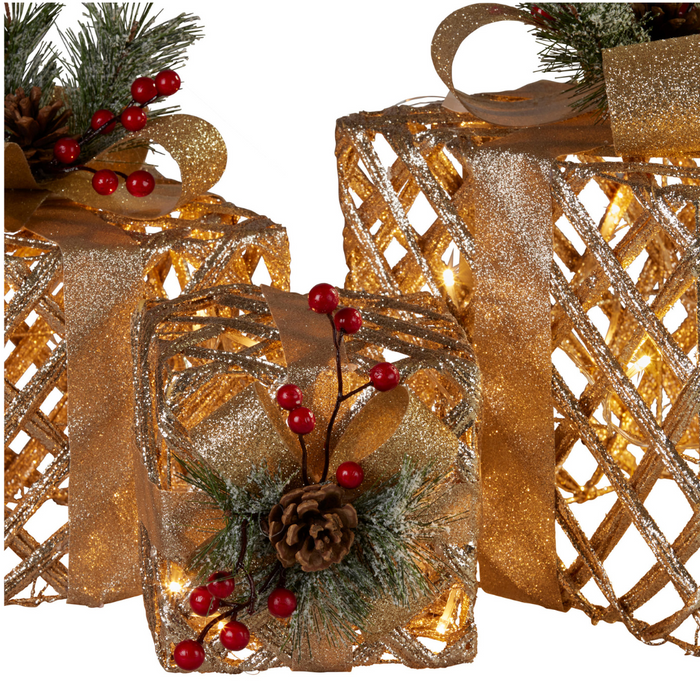 Christmas Gift Boxes with Lights- Champagne with Gold Bows Set of 3