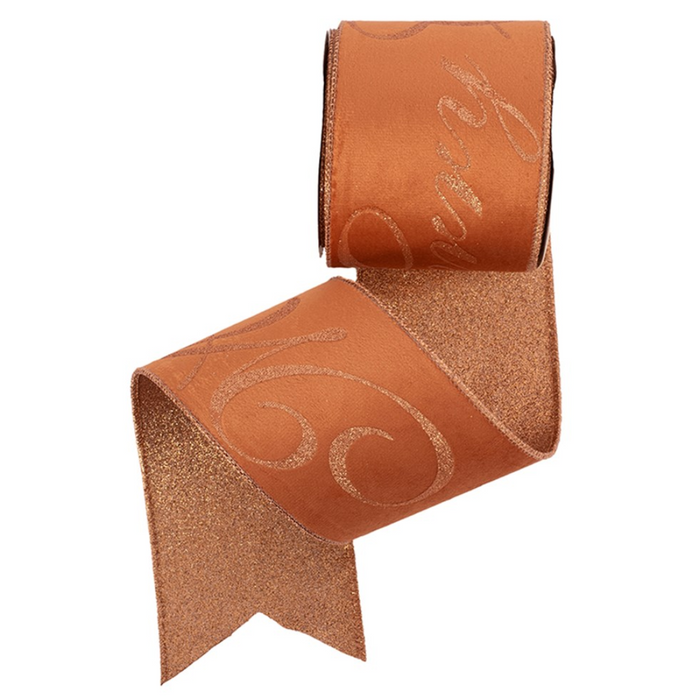 Copper Velvet Ribbon W/copper Glitter Merry Christmas & Glitter Base 10cm X 10m