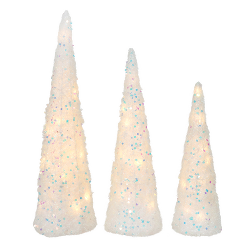 LED Cone Tree 3pc Set Snowy Sequins