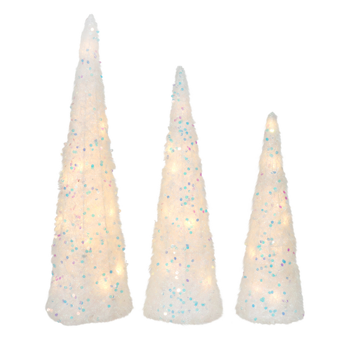 LED Cone Tree 3pc Set Snowy Sequins