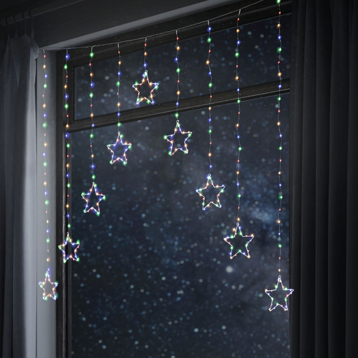 LED Wire Star Curtain 9pc Multi Colour