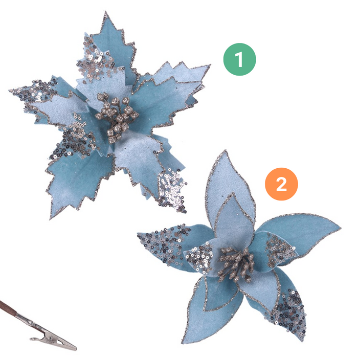 Pale Blue Poinsettia W/clip D23cm 2 Asstd 