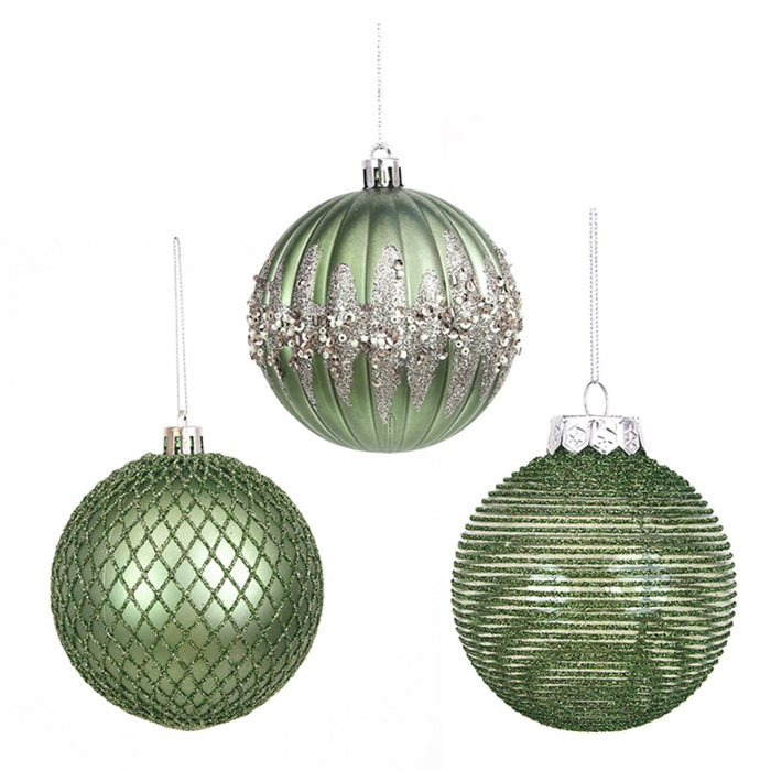 Sage Green Shatterproof Baubles 8cm In Pdq Tray 3 Asstd 