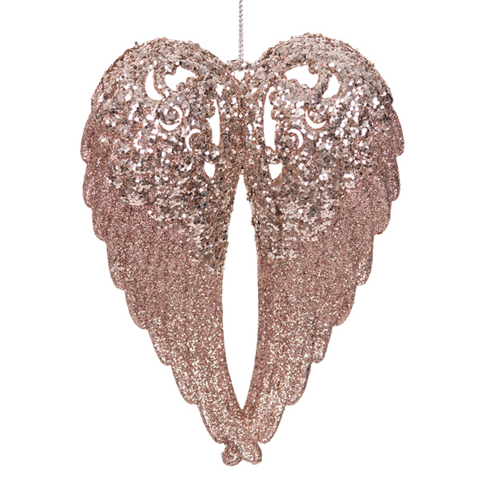 Tree Ornament Acrylic Angel Wing W/Pink & Champagne Glitter 10.5X14Cm