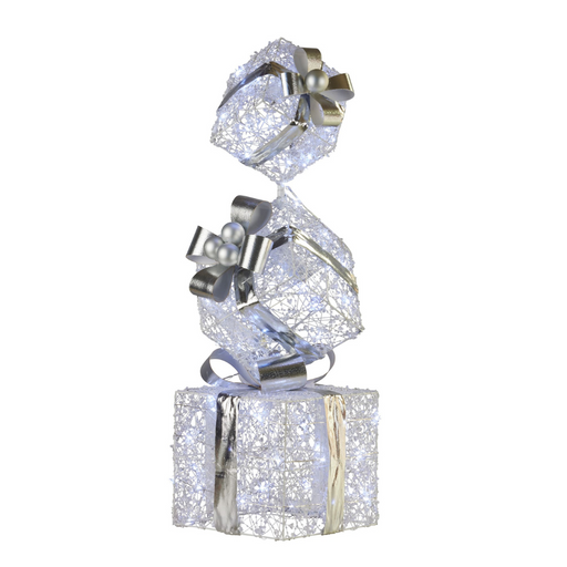 Triple Christmas Giftbox Stack with Lights Silver 83cm