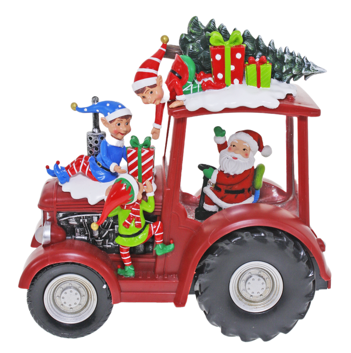 Christmas Lantern Santa/Elves Tractor Red