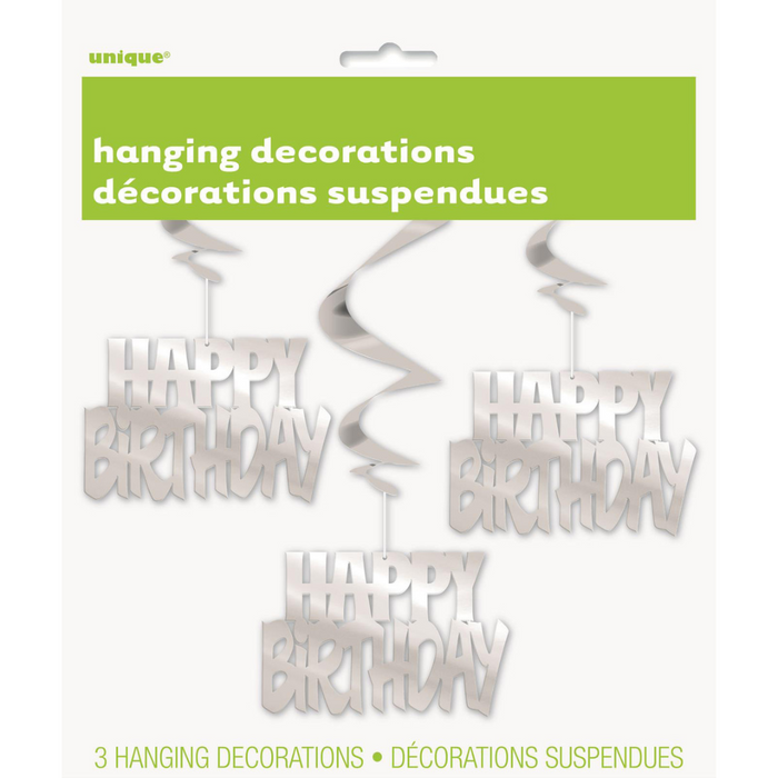 Happy Bday Foil Hanging Swirl Deco Silver 3pk