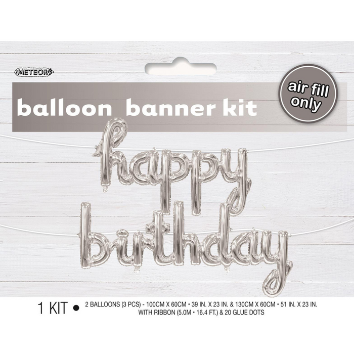 Happy Bday Balloon Banner With Ribbon Silver