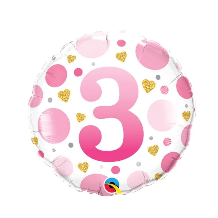 BLN FOIL 45cm RND AGE 3 PINK DOTS