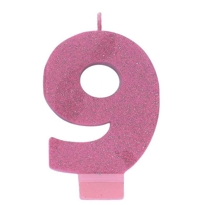 PARTY CANDLES™ #9 Numeral Candle Glitter Pink (8cm)