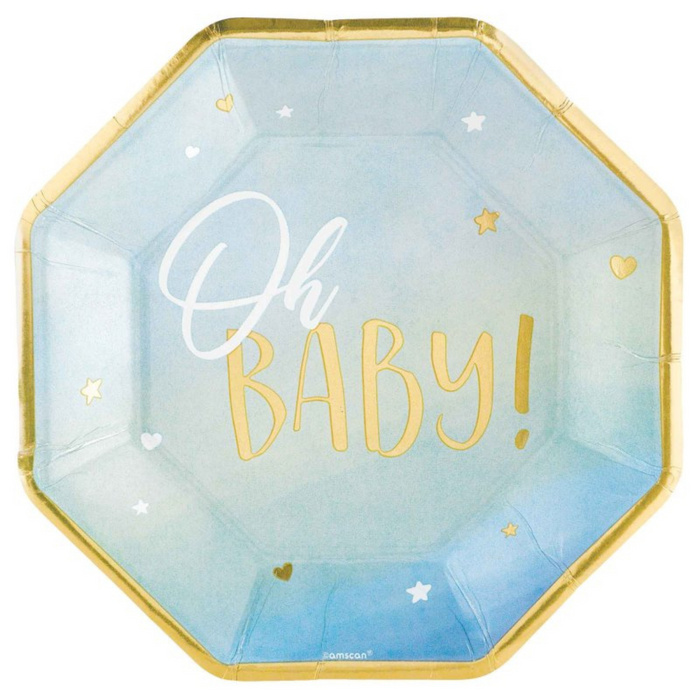 Oh Baby Boy Shaped Metallic Paper Plates 26cm 8pk