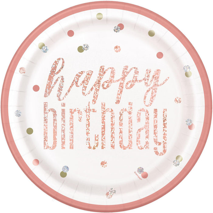 Happy Bday Prismatic Paper Plates Rose Gold 8x23cm