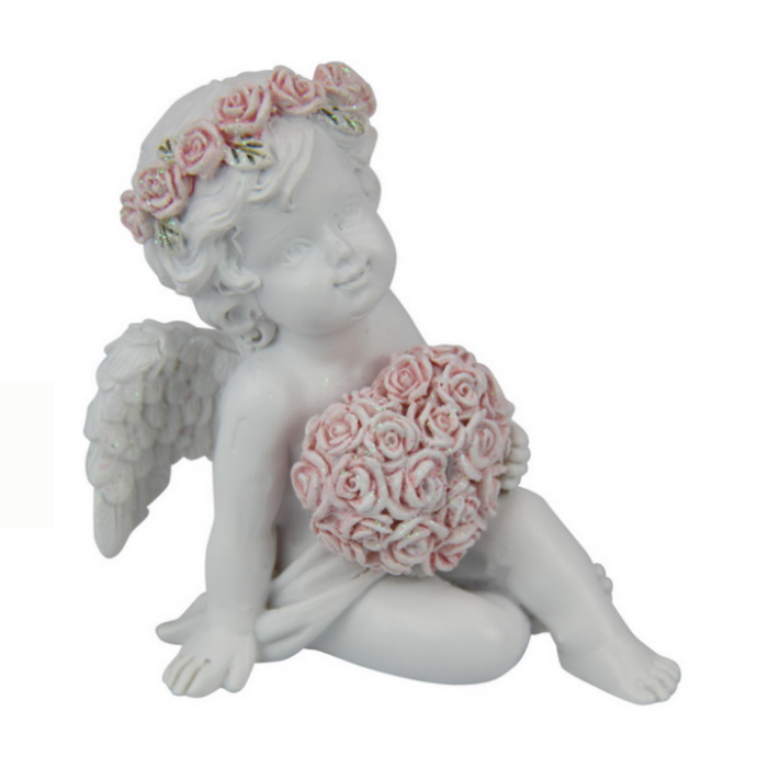 7Cm Cherub W/Rose Band Sitting