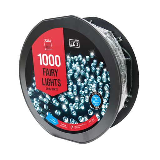  Fairy Lights LED Flashing White Reel with Timer 1000 Lights